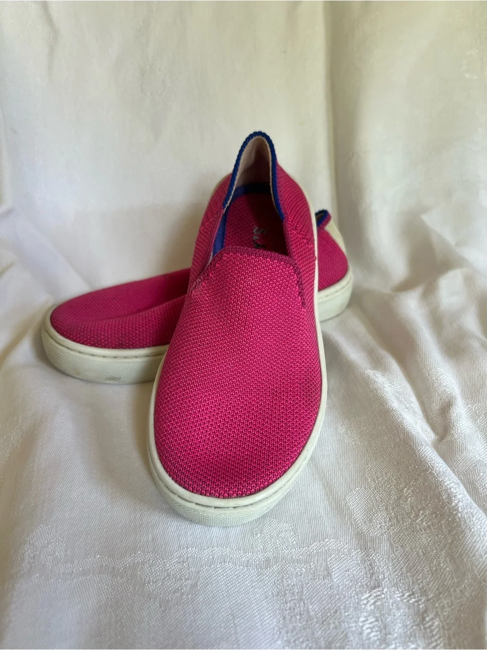 Rothy's Kids Slip-On Sneakers in Hot Pink with Navy Accents